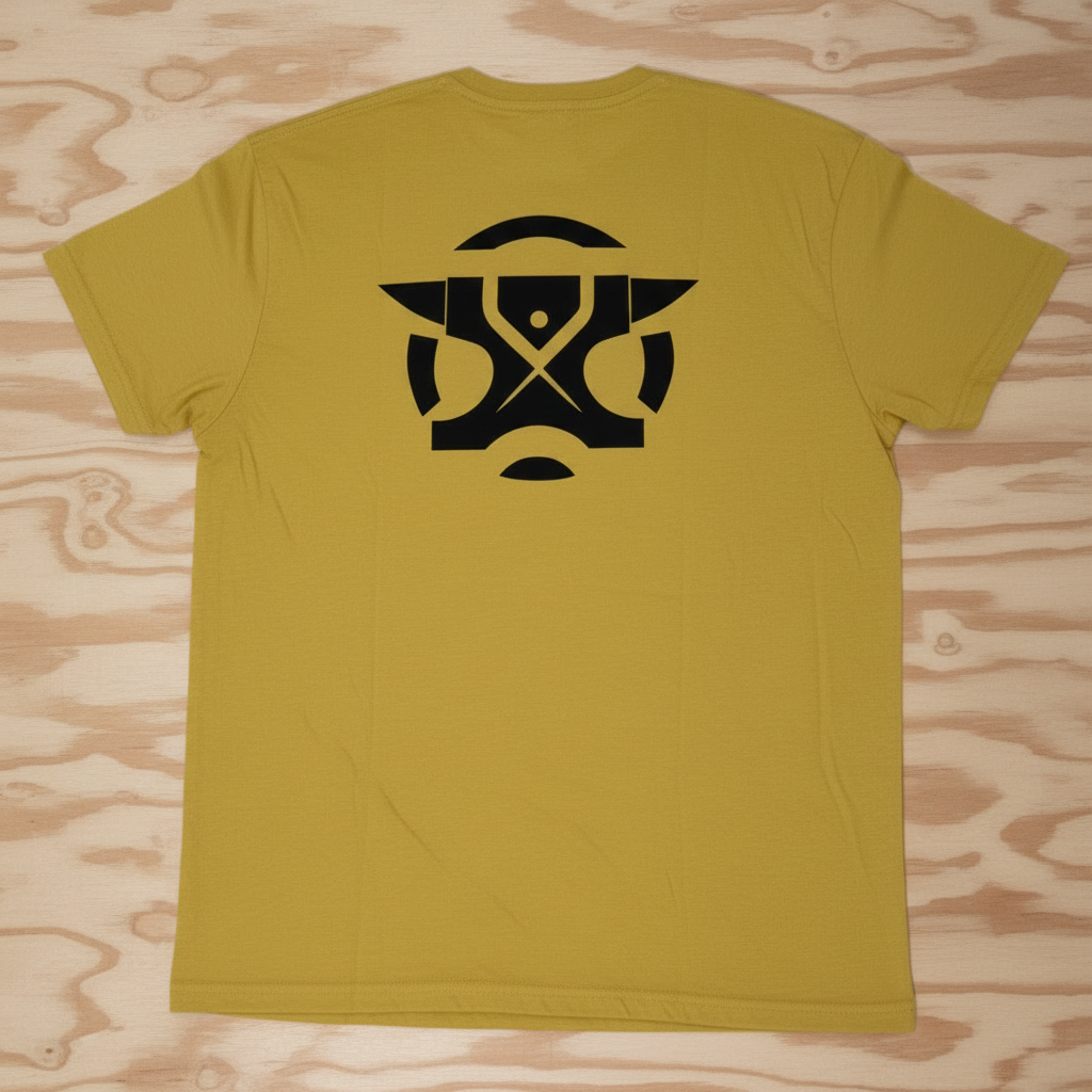Camiseta RIRZERO amarilla logo espalda con fondo de madera
