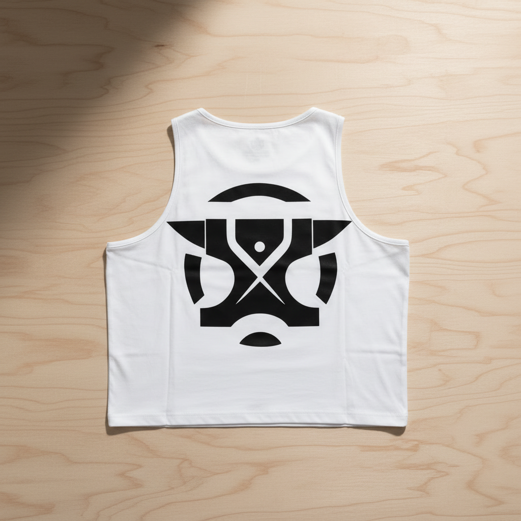 Camiseta tirantes RIRZERO blanca con logo grande y fondo de madera