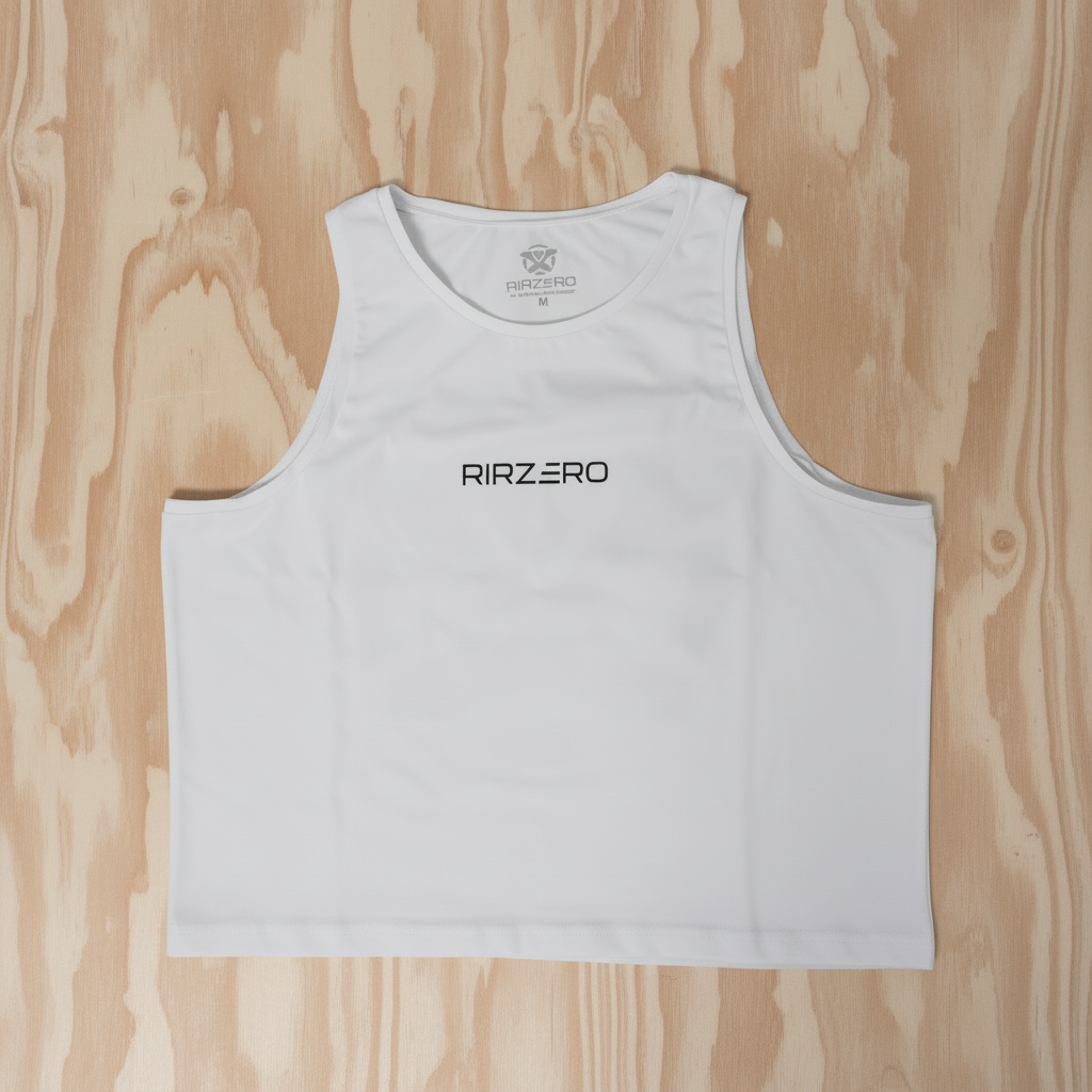 Camiseta tirantes RIRZERO blanca vista frontal con fondo de madera