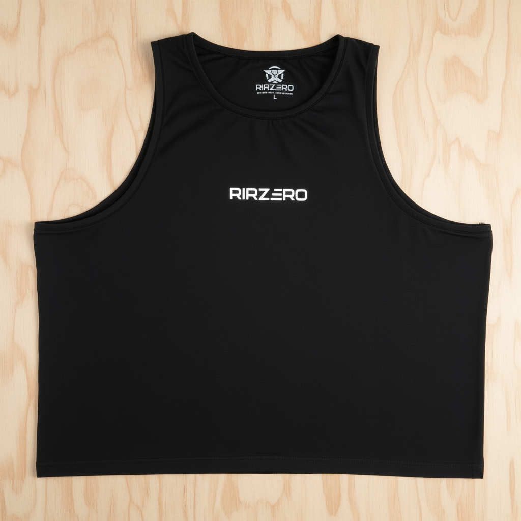 Camiseta tirantes RIRZERO negra frontal con fondo de madera