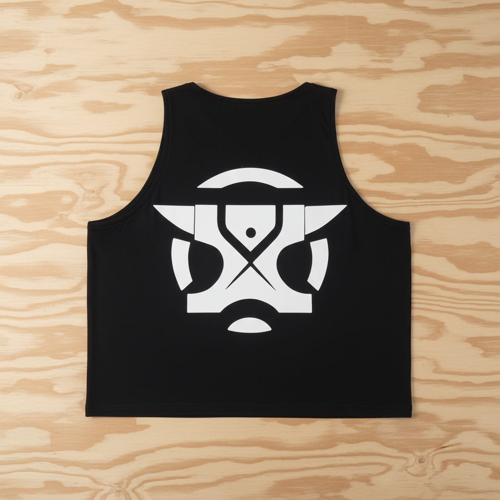 Camiseta tirantes RIRZERO negra trasera con fondo de madera